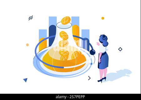 Concept de marketing d'entreprise dans la conception isométrique 3D. Femme d'affaires gagnant des bénéfices en utilisant l'entonnoir de vente et générant du trafic client. Illustration vectorielle avec scène de personnes isométriques pour graphique web Illustration de Vecteur