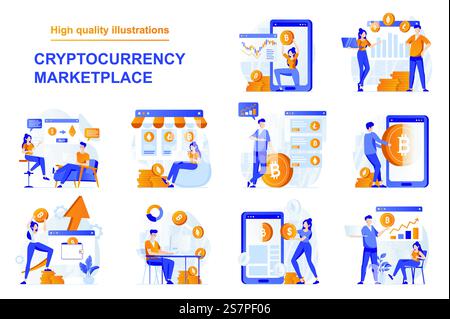 Concept Web de marché de crypto-monnaie avec des scènes de personnes dans un style plat. Paquet d'analyse de données financières, achat de bitcoins, opérations de marché crypto. Illustration vectorielle avec conception de caractères Illustration de Vecteur