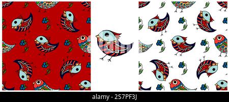 Définir des motifs sans couture. Oiseau folklorique et ornement de fleur. Motif dans le style de dessin à la main Illustration de Vecteur