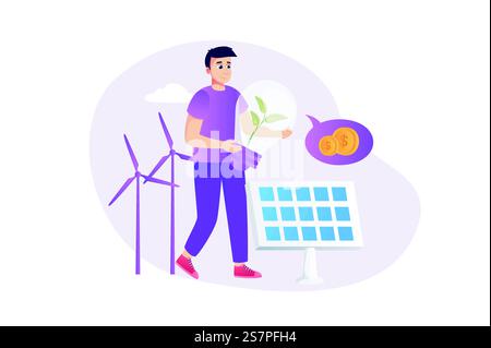 Concept ESG dans un style plat avec scène de personnes. Entreprise écologique avec environnement, social et gouvernance. Homme d'affaires investissant dans des sources d'énergie alternatives. Illustration vectorielle pour la conception Web Illustration de Vecteur
