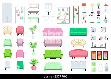 Meubles set éléments graphiques dans un design plat. Paquet de différentes tables, lampes, fauteuils, plantes, canapés, décor, chaises et autres articles pour un intérieur confortable. Illustration vectorielle d'objets isolés Illustration de Vecteur