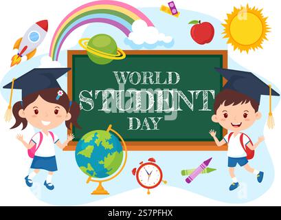 Illustration vectorielle de la Journée mondiale des étudiants le 15 octobre avec étudiant, livre, globe et plus pour bannière Web ou affiche dans la conception de fond de dessin animé pour enfants Illustration de Vecteur