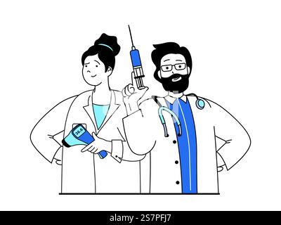 Concept médical avec situation de caractère. Le médecin tient la seringue et fait les vaccinations aux patients, l'infirmière tient le thermomètre et assiste. Illustration vectorielle avec scène de personnes dans la conception plate pour le web Illustration de Vecteur