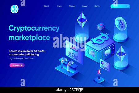 Concept de marché de crypto-monnaie 3d page de destination Web isométrique. Les gens effectuent des transactions financières, achètent ou vendent des bitcoins, investissent de l'argent dans des crypto-entreprises. Illustration vectorielle pour la conception de modèles Web Illustration de Vecteur