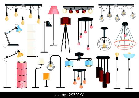 Les lampes définissent des éléments graphiques dans un design plat. Paquet de différents types de lampes de table et de sol, lustres, ampoules suspendues avec abat-jour modernes et autres. Illustration vectorielle d'objets isolés Illustration de Vecteur
