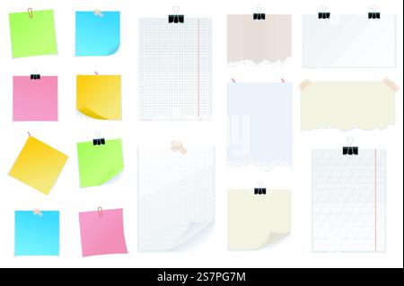 Les papiers de note définissent les éléments graphiques dans un design plat. Paquet de différents types de feuilles de carnet, morceaux de papier déchiré, autocollants de couleur avec des rubans, des épingles ou des clips. Illustration vectorielle d'objets isolés Illustration de Vecteur