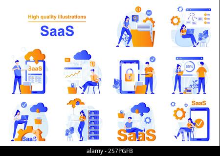 Concept Web SaaS avec des scènes de personnes dans un style plat. Offre groupée d'utilisation de programmes avec abonnement, traitement cloud, stockage cloud, logiciel en tant que service. Illustration vectorielle avec conception de caractères Illustration de Vecteur