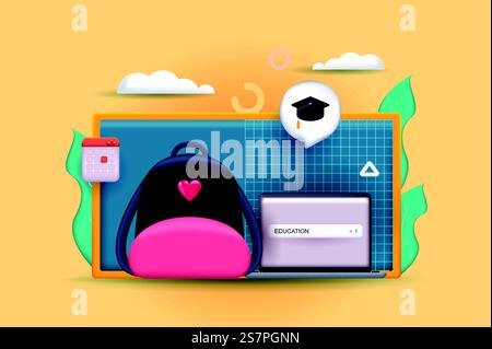 Illustration 3D du concept d'éducation. Composition d'icônes avec l'éducation scolaire, collégiale ou universitaire, cours en ligne sur ordinateur portable, étudier dans des leçons de classe. Illustration vectorielle pour la conception web moderne Illustration de Vecteur