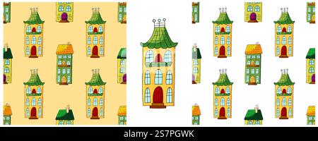 Définissez des motifs sans couture avec des maisons colorées décoratives. Bâtiment. Motif dans le style de dessin à la main. Imprimer Illustration de Vecteur