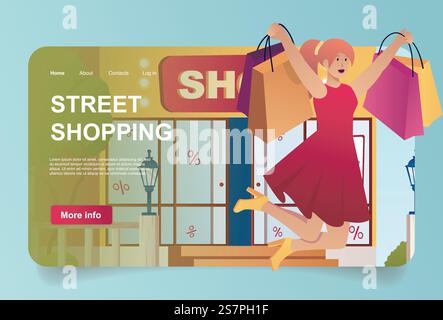 Street shopping avec concept de client dans la conception de dessin animé pour la page d'atterrissage. Femmes acheteurs sautant avec des sacs près des magasins et faisant des achats à la vente. Illustration vectorielle avec des personnes pour la page d'accueil Web Illustration de Vecteur