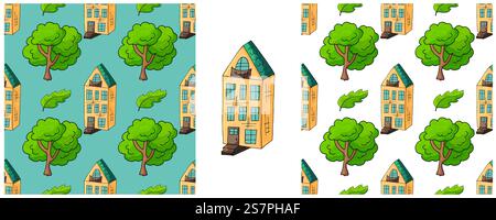 Définissez des motifs sans couture avec des maisons colorées décoratives. Motif dans le style de dessin à la main Illustration de Vecteur