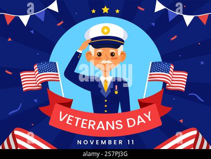 Illustration vectorielle Happy Veterans Day le 11 novembre avec drapeau américain et soldats pour honorer tous ceux qui ont servi dans le fond de dessin animé Flat Kids Illustration de Vecteur