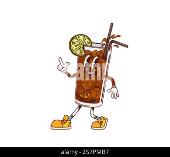 Personnage de cocktail long Island rétro groovy de dessin animé. Vecteur rétro personnage de verre de boisson d'alcool rempli de thé glacé ou de cola, de glaçons et d'un citron vert Illustration de Vecteur