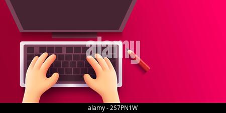 Les mains humaines mignonnes 3d travaillent sur un clavier d'ordinateur sur une table. Vue de dessus. Illustration vectorielle. Les mains humaines mignonnes 3d travaillent sur un clavier d'ordinateur sur une table. Vue de dessus. Illustration de Vecteur