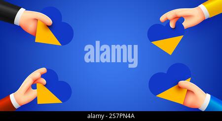 Mains 3d tenant des coeurs avec le drapeau national ukrainien. Tenez-vous avec l'Ukraine. Illustration vectorielle. Mains 3d tenant des coeurs avec le drapeau national ukrainien. Tenez-vous avec l'Ukraine. Illustration de Vecteur