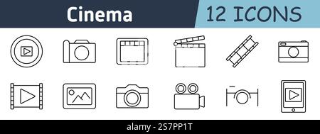 Icône ensemble cinéma. Bouton de lecture, appareil photo, bande de film, claquette, bobine, instantané, cadre vidéo, galerie de photos, caméra vidéo, trépied, tablette, lecture multimédia Illustration de Vecteur