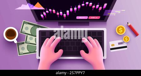 Les mains humaines 3d mignonnes travaillent sur un clavier d'ordinateur. Analyse des affaires financières et concept de gestionnaire. Vue de dessus. Illustration vectorielle. Les mains humaines 3d mignonnes travaillent sur un clavier d'ordinateur. Analyse des affaires financières et concept de gestionnaire. Vue de dessus. Illustration de Vecteur