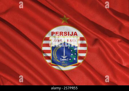 Pringsewu, lampung ; 20 janvier 2025 ; logo du drapeau du club de football indonésien de la Ligue 1 Persija Jakarta avec tissu texturé Banque D'Images