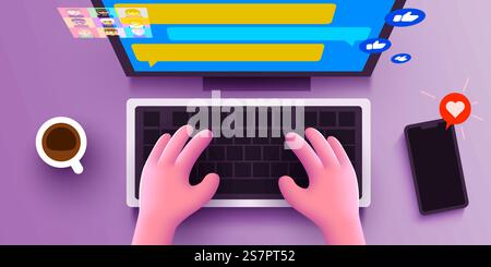 Mains humaines mignonnes 3d chattant sur un clavier d'ordinateur. Réseau social et concept de marketing. Vue de dessus. Illustration vectorielle. Mains humaines mignonnes 3d chattant sur un clavier d'ordinateur. Réseau social et concept de marketing. Vue de dessus. Illustration de Vecteur