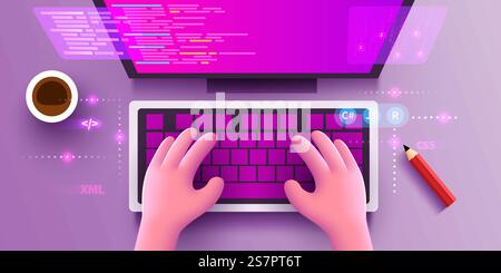 Les mains humaines 3d mignonnes travaillent sur un clavier d'ordinateur. Concept de programmation et de développement. Vue de dessus. Illustration vectorielle. Les mains humaines 3d mignonnes travaillent sur un clavier d'ordinateur. Concept de programmation et de développement. Vue de dessus. Illustration de Vecteur
