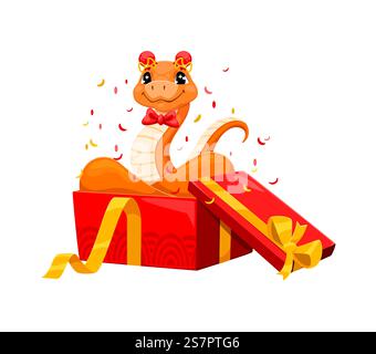 Personnage drôle de serpent d'horoscope asiatique dans la boîte-cadeau de vacances, bannière de voeux de nouvel an chinois vecteur. Dessin animé calendrier lunaire zodiaque animal serpent en rouge Illustration de Vecteur
