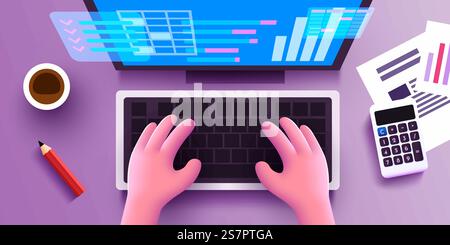 Les mains humaines 3d mignonnes travaillent sur un clavier d'ordinateur. Analyse financière des affaires et concept comptable. Vue de dessus. Illustration vectorielle. Les mains humaines 3d mignonnes travaillent sur un clavier d'ordinateur. Analyse financière des affaires et concept comptable. Vue de dessus. Illustration de Vecteur