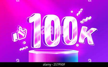Merci 100k followers, groupes sociaux en ligne, bonne bannière célébrer, illustration vectorielle. Merci 100k followers, groupes sociaux en ligne, bonne bannière célébrer, vecteur Illustration de Vecteur