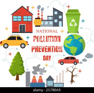 Journée nationale de prévention de la pollution Illustration vectorielle le 2 décembre pour la campagne de sensibilisation problèmes d'usine, de forêt ou de véhicule dans le fond de dessin animé Illustration de Vecteur