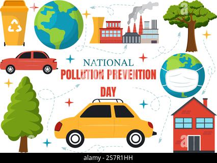Journée nationale de prévention de la pollution Illustration vectorielle le 2 décembre pour la campagne de sensibilisation problèmes d'usine, de forêt ou de véhicule dans le fond de dessin animé Illustration de Vecteur