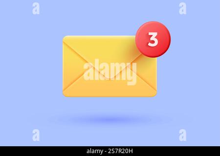 Enveloppe de courrier jaune avec message marqueur rouge sur fond violet. Notification par e-mail. Design minimaliste. Illustration vectorielle 3D. Illustration de Vecteur