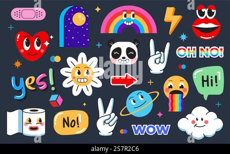 Ensemble de divers Patches, épingles, timbres ou autocollants. Personnages comiques amusants et mignons abstraits. Phrases et mots différents. Style de dessin animé à la mode dessiné à la main. Illustration vectorielle Illustration de Vecteur