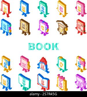 vecteur de jeu d'icônes d'école de caractère de livre. étudier l'éducation, la bibliothèque, les enfants, la littérature d'affiche, cahier de fille, illustration du signe isométrique du personnage de l'école du livre étudiant. vecteur de jeu d'icônes d'école de caractère de livre Illustration de Vecteur