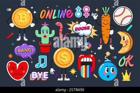 Ensemble de divers Patches, épingles, timbres ou autocollants. Personnages comiques amusants et mignons abstraits. Phrases et mots différents. Style de dessin animé à la mode dessiné à la main. Illustration vectorielle Illustration de Vecteur