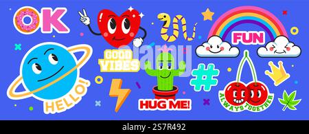 Ensemble de divers Patches, épingles, timbres ou autocollants. Personnages comiques amusants et mignons abstraits. Phrases et mots différents. Style de dessin animé à la mode dessiné à la main. Illustration vectorielle Illustration de Vecteur