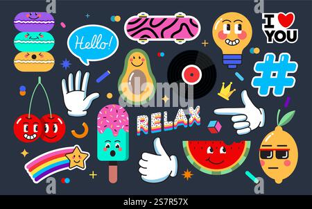 Ensemble de divers Patches, épingles, timbres ou autocollants. Personnages comiques amusants et mignons abstraits. Phrases et mots différents. Style de dessin animé à la mode dessiné à la main. Illustration vectorielle Illustration de Vecteur