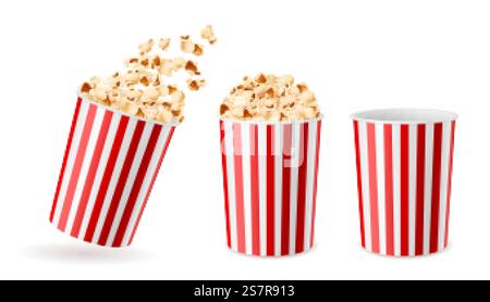 Seau de pop-corn réaliste. gobelets en papier de casse-croûte de maïs 3d, emballage blanc rouge rayé vide, plein, et avec des seaux de flocons volants, restauration rapide salée de cinéma et caramel, souffles secs. Concept isolé de vecteur. Seau de pop-corn réaliste. tasses en papier de casse-croûte de maïs 3d, emballage blanc rouge rayé vide, plein, et avec des seaux de flocons volants, restauration rapide salée de cinéma et caramel, concept de vecteur de souffles secs Illustration de Vecteur