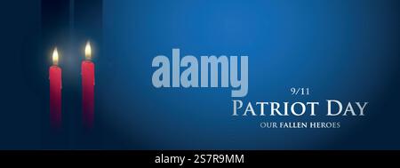 Patriot Day septembre 11 bannière horizontale. Deux bougies sur fond de silhouettes de tours jumelles. Illustration de Vecteur