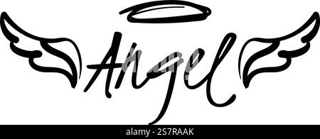 Ailes d'ange sacrées avec croquis de halo. Emblème dessiné à la main isolé sur fond blanc. Ailes d'ange sacrées avec croquis de halo. Emblème dessiné à la main Illustration de Vecteur