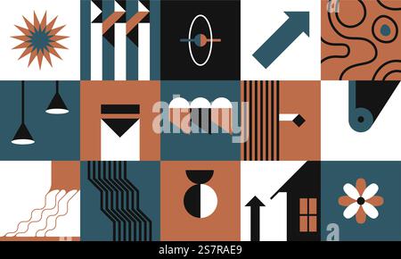 Icônes modernistes et abstraites Bauhaus, carrés artistiques aux dessins simples. Blocs collage avec maison et fleur florissante, flèche et lignes droites ou décoration de vagues. Vecteur dans le style plat. Carrés abstraits avec des icônes, vecteur de collage moderne Illustration de Vecteur