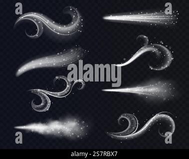 Courants d'air froid. Flux de respiration hivernale réalistes avec des flocons de neige, des effets physiques visuels et des formes de courbes dynamiques, de la fumée tourbillonnante, des flux de particules, des processus météorologiques. Vecteur isolé sur ensemble noir. Courants d'air froid. Flux de respiration hivernale réalistes avec des flocons de neige, des effets physiques visuels et des formes de courbe dynamique, de la fumée tourbillonnante, des flux de particules, des processus météorologiques vecteur isolé ensemble Illustration de Vecteur