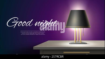 Veilleuse sur la table. Abat-jour lumineux réaliste sur la table de chevet, bannière de rêves doux, salle de soirée confortable, lampe d'intérieur moderne, magasin d'articles électriques ou de couchage, élément isolé 3d, concept vectoriel. Veilleuse sur la table. Abat-jour lumineux réaliste sur la table de chevet, bannière de rêves doux, salle de soirée confortable, lampe d'intérieur moderne, magasin d'articles électriques ou de couchage, concept vectoriel Illustration de Vecteur
