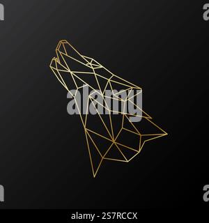 Vue latérale géométrique du loup hurlant. Tête dorée d'un loup sauvage dans un style linéaire. Concept de leader. Illustration de Vecteur