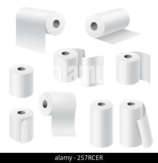 Rouleaux de papier réalistes. serviette blanche 3d, papier toilette sur cylindre en carton, produits d'hygiène cuisine et collection d'accessoires de salle de bain, vue d'angle différente, pièces déroulées. Ensemble isolé de vecteur. Rouleaux de papier réalistes. serviette blanche 3d, papier toilette sur cylindre en carton, produits d'hygiène cuisine et accessoires de salle de bains, vue d'angle différente, ensemble vectoriel de pièces déroulées Illustration de Vecteur