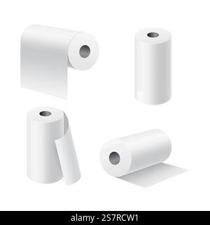 Rouleaux de papier réalistes. serviette de cuisine blanche 3d ou papier toilette sur cylindre en carton, produits d'hygiène, angle de caméra différent, pièces déroulées, accessoires de salle de bain. Serviette douce propre. Ensemble de vecteurs. Rouleaux de papier réalistes. serviette de cuisine blanche 3d ou papier toilette sur cylindre en carton, produits d'hygiène, angle de caméra différent, pièces déroulées. Serviette douce propre. Ensemble de vecteurs Illustration de Vecteur