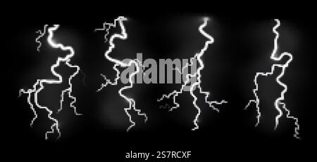 Tempête d'éclairs. Éclair de ciel électrique blitz réaliste sur fond noir avec effets de frappe de puissance. La lumière de tonnerre brillante blanche étincelle dans la nuit, les objets climatiques orageux, ensemble isolé de vecteur. Tempête d'éclairs. Éclair de ciel électrique blitz réaliste sur fond noir avec effets de frappe de puissance. Étincelles lumineuses blanches de tonnerre, objets climatiques orageux, ensemble isolé de vecteur Illustration de Vecteur