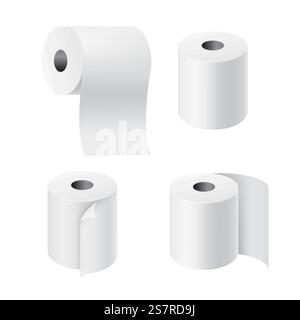 Rouleaux de papier réalistes. Papier toilette 3D avec pièces déroulées. Ensemble de produits de toilette hygiéniques. Modèle de bobines vierges de rubans de chèques. Vue vectorielle de différents côtés sur des serviettes blanches pour salle de bain. Rouleaux de papier réalistes. Papier toilette 3D avec pièces déroulées. Ensemble de produits de toilette hygiéniques. Bobines vierges de rubans de chèques. Vue vectorielle de différents côtés sur les serviettes d'essuyage pour la salle de bain Illustration de Vecteur