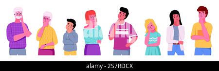Personnages réfléchis. Diverses femmes et hommes debout dans la pensée pose, prendre des décisions et résoudre des problèmes, perplexité et processus mental, concentration sur la recherche d'idées. Ensemble isolé de dessin animé vectoriel. Personnages réfléchis. Diverses femmes et hommes debout dans la pensée pose, prendre des décisions et résoudre des problèmes, perplexité et processus mental, recherche d'idées. Ensemble isolé de dessin animé vectoriel Illustration de Vecteur