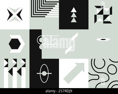 Imprimé abstrait avec des formes et des formes géométriques, des carrés de grille avec des triangles et des cercles, des vagues et des lignes droites. motif de fond, rectangles et couverture artistique créative. Vecteur dans le style plat. Imprimé carré et abstrait, formes géométriques Illustration de Vecteur