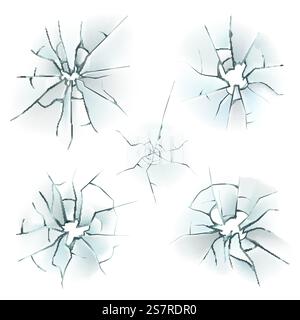 Verre cassé. Fenêtre fissurée réaliste. Effets de textures fragiles endommagés avec trou et éclats pointus. Glace pilée. Déformation des modèles de miroirs. Écran brisé. Maquette de surface détruite par vecteur. Verre cassé. Fenêtre fissurée réaliste. Effets de textures fragiles endommagés avec trou et éclats. Glace pilée. Déformer des miroirs. Écran brisé. Maquette de surface détruite par vecteur Illustration de Vecteur