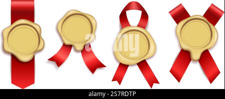 Or de cire. Enveloppe de document vintage en caoutchouc scelle le courrier royal, rubans rouges avec des timbres à la cire de bougie. Éléments de décoration de luxe pour lettre, diplôme ou certificat, ensemble isolé de vecteur d'assurance qualité. Or de cire. Enveloppe de document vintage en caoutchouc scelle le courrier royal, rubans rouges avec des timbres à la cire de bougie. Éléments de luxe pour diplôme ou certificat, ensemble isolé de vecteur d'assurance qualité Illustration de Vecteur